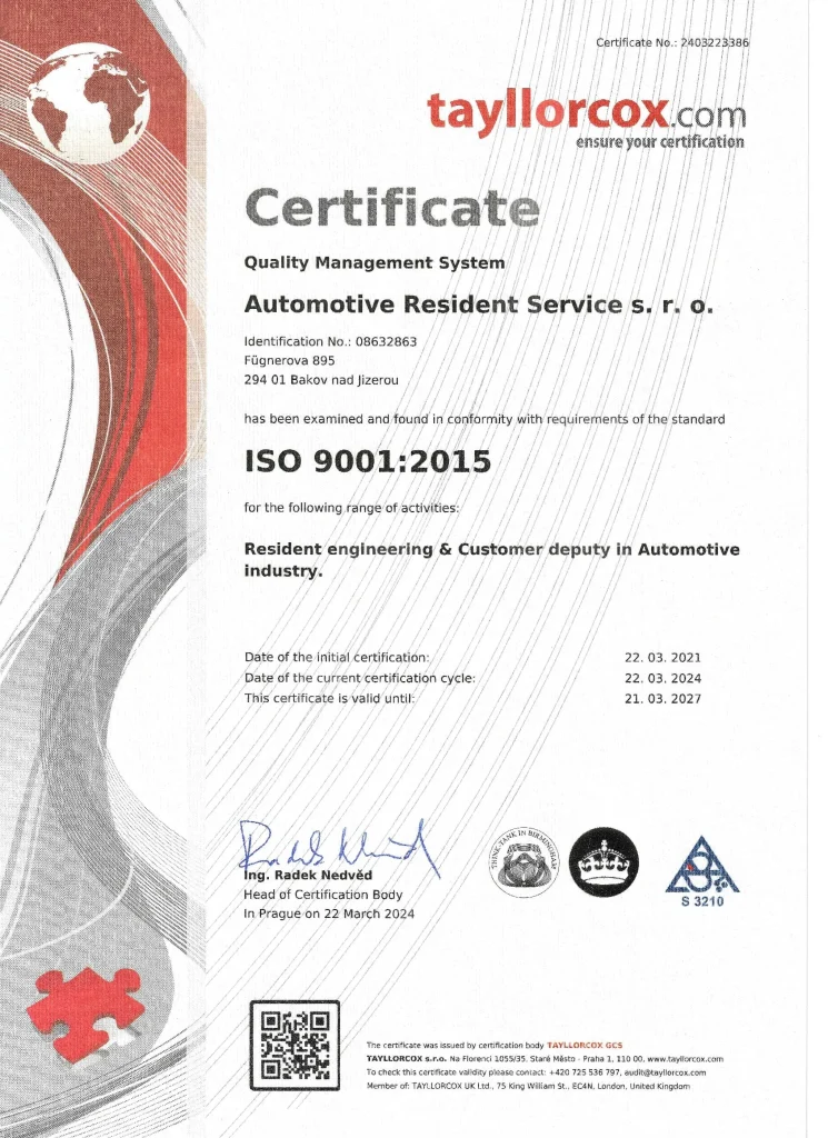 Originální certifikát ISO 9001:2015 vystavený pro Automotive Resident Service s.r.o. společností TAYLLORCOX